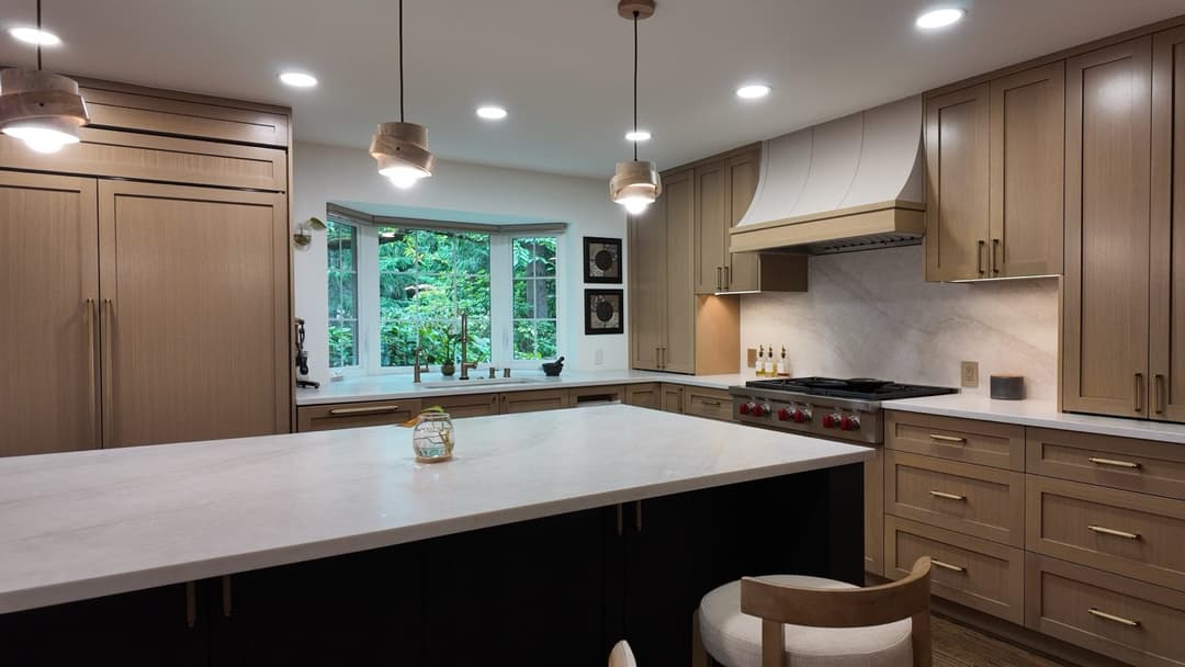 Quartz counters and oak cabinetry